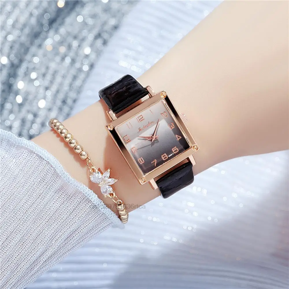 Women\'s Gradient colours Square Watches Minimalist Luxury Ladies  Leather Wristwatches Casual Female Quartz Relojes Para Mujer