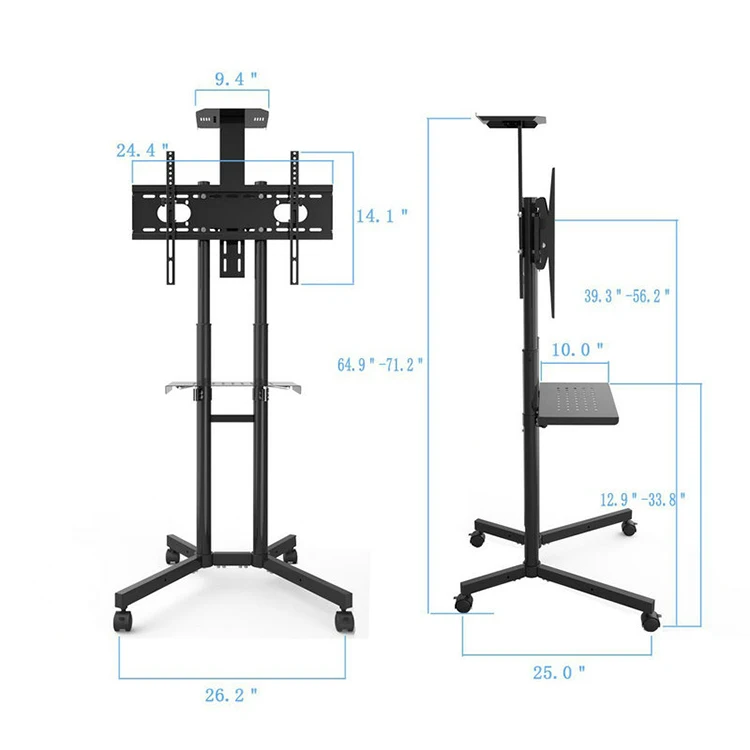 รถเข็นทีวีสากลสำหรับจอแอลซีดี LED พลาสม่าแผงยืนที่มีมือถือและชั้นวางปรับได้และจอแสดงผลโค้งสำหรับ32ถึง65
