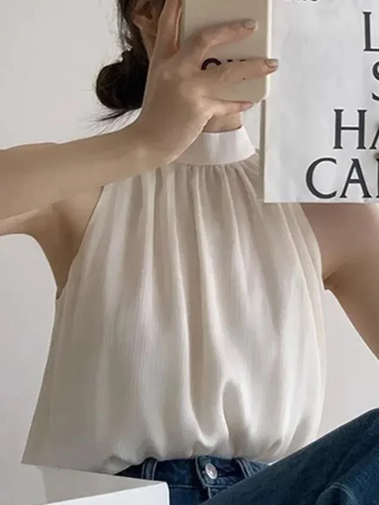 Unique Hanging Neck Off Shoulder Design Women Chiffon Top French Style New Women's Sweet and Fashionable  White Chiffon Shirt