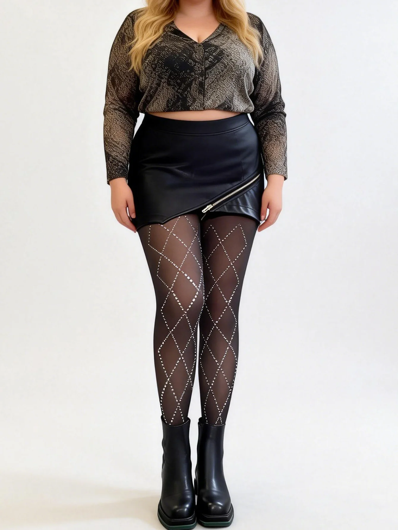 1-teilige Rhombus-Strumpfhose mit weißen Diamanten, exklusiv für den Valentinstag, funkelndes weißes Diamant-Rhombus-Gitter, hochelastisch, zum Abnehmen, Dating