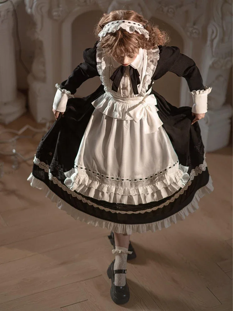 Maid Lolita Detachable Apron Autumn Winter Girl Lolita OP Long Sleeve Dress Black Dresses for Women 2024