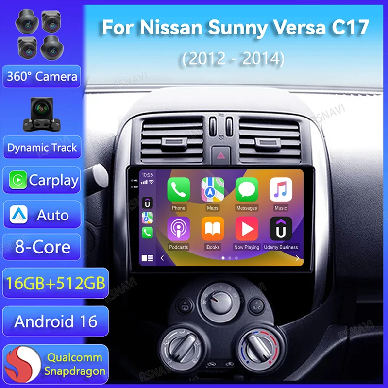 Android 16 Carplay Auto para Nissan Sunny Versa C17 2012 2013 2014, Radio para Auto, Navegación, Reproductor de Video, Pantalla 2K, Estéreo, Cámara 360