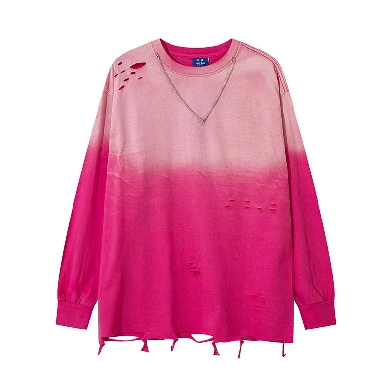 American Retro Dark Style Gradient Hole Color-blocking Round-neck Long-sleeved T-shirt Men Loose
