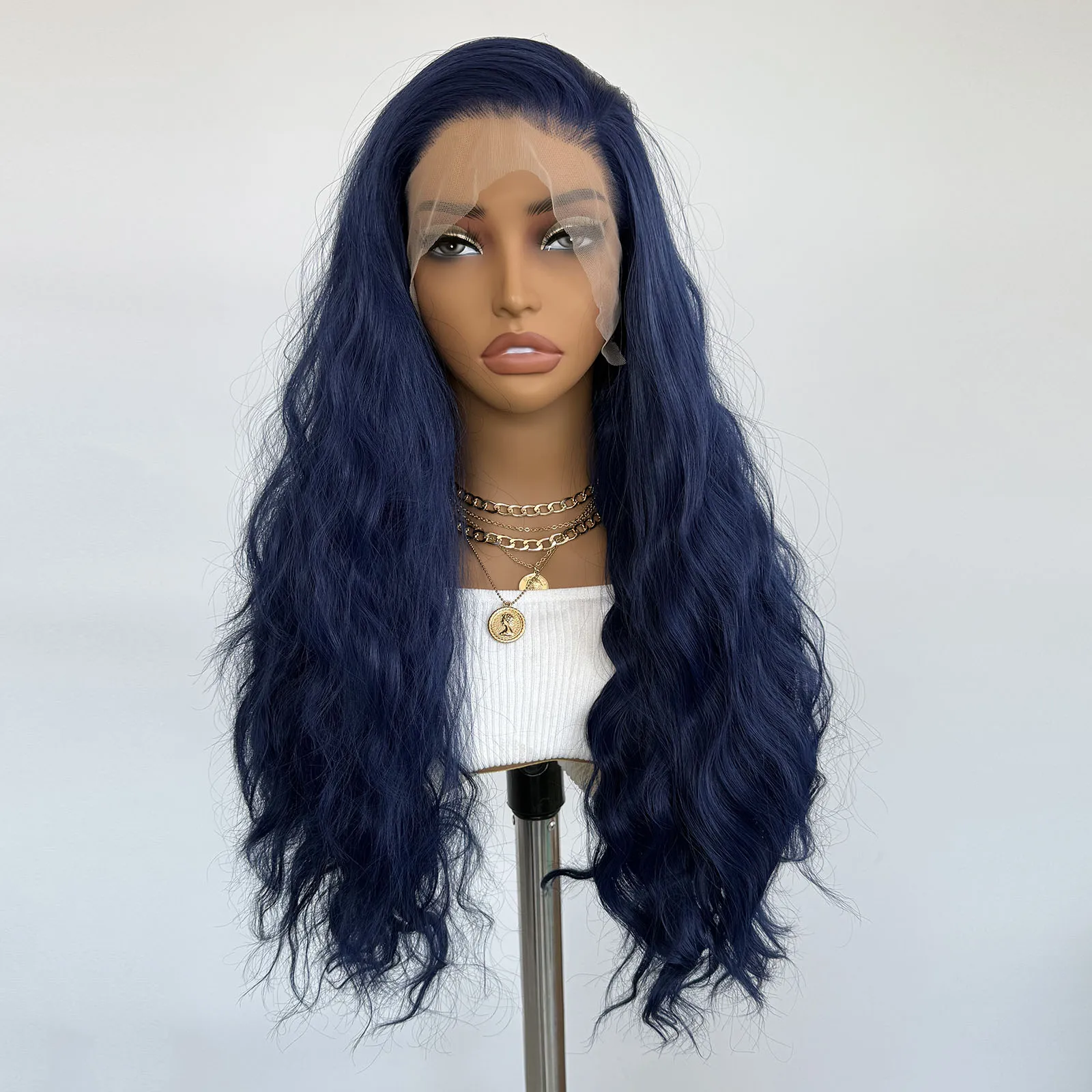 

Темно-синий парик для женщин Свободные глубокие волны 13x4 Парик фронта шнурка Синтетические волосы Бесклеевые натуральные волосы Парики для повседневного ношения для женщин