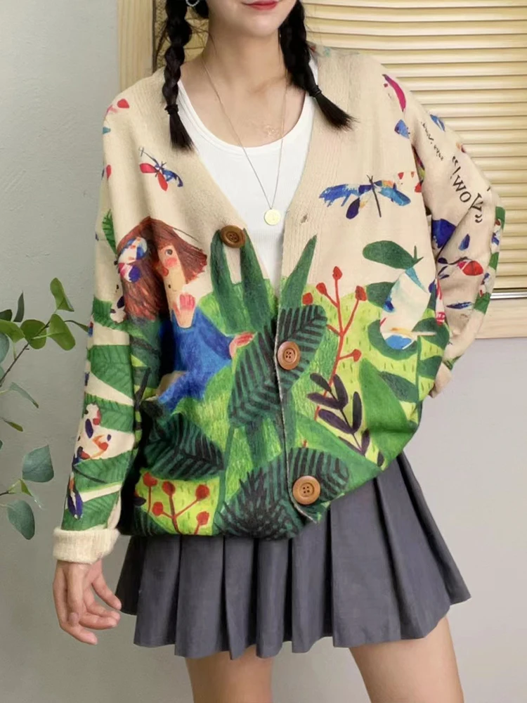 Max LuLu 2023 Winter Ladies Fashion Loose Printed Cardigans Womens Casual Cartoon Warm V Neck Sweaters Luxury Big Size Knitwear