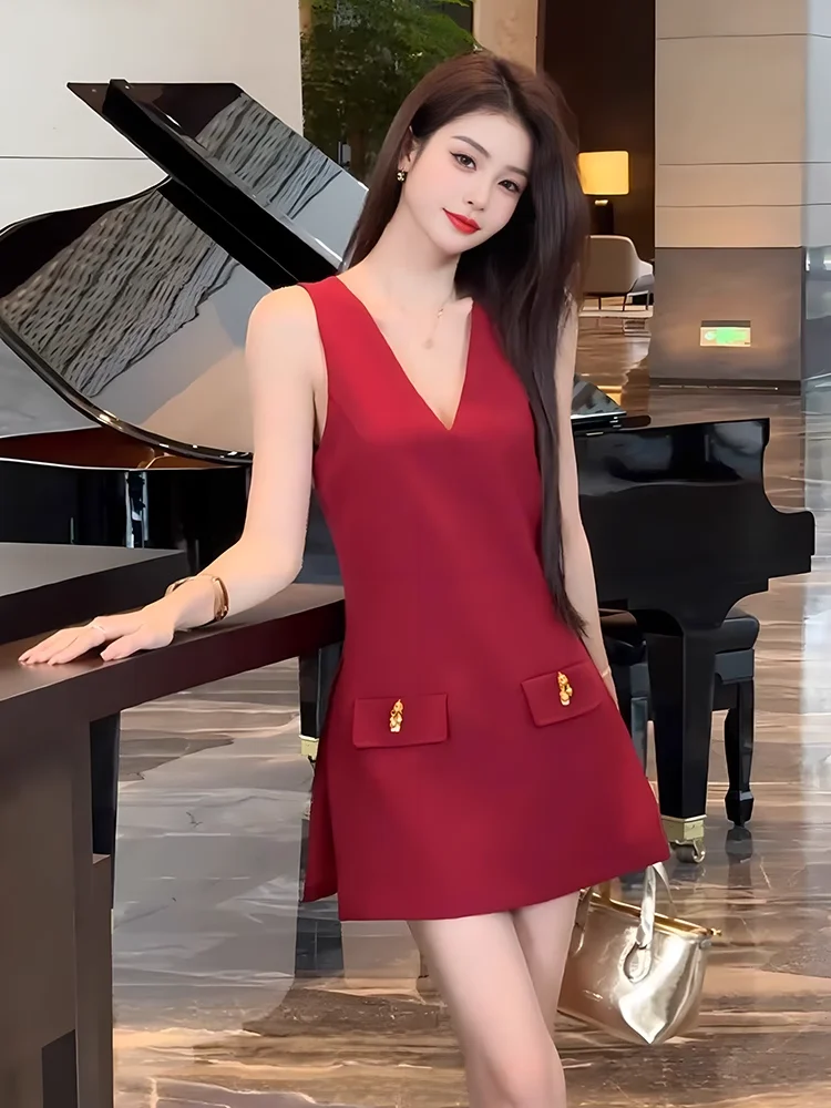 

Потрясающий комплект из двух предметов: платье-жилет без рукавов и топ, новый стиль, элегантный красный комплект Anchala, модный летний наряд для женщин