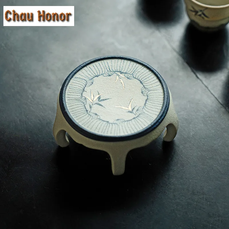 Blue And White Flint Red Teapot Cover Holder Aesthetic Gold Drawing Bamboo Cover Frame Zisha Pot Lid Shelf Coaster Tableware - view 2
