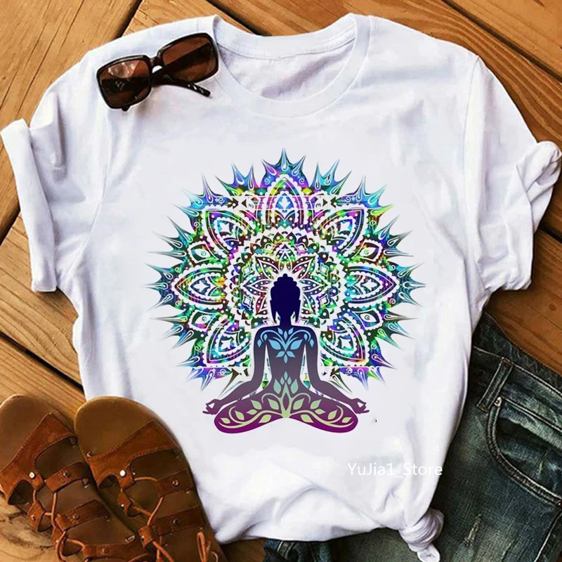 Fashion Zen Hobo Boho Paix T-shirt Women Buddha Chakra Meditation Print Tops Simple Ladies Tee T Shirt Femme Summer Tshirt
