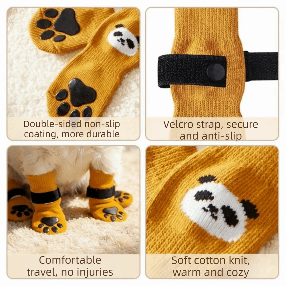 4PCS Elastic Dog Anti-slip Socks Cartoon Bear Pattern Soft Dog Paw Protectors with Straps Comfortable Pet Floor Socks Indoor Use