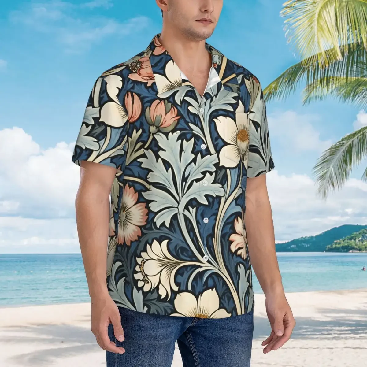 Chemises hawaïennes à manches courtes pour hommes, avec motif William Morris Botanical Bliss, drôles et estivales, pour la plage, hauts boutonnés pour hommes