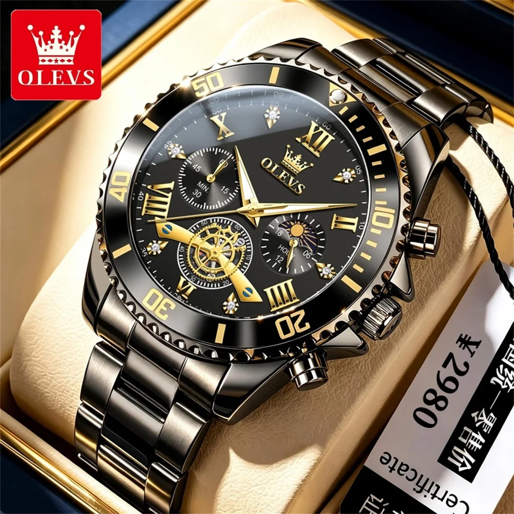 OLEVS Neue Quarzuhren mit Mondphasenanzeige für Herren, Edelstahl, Schwungrad-Design, Chronograph, wasserdicht, leuchtende Herrenuhr 3732
