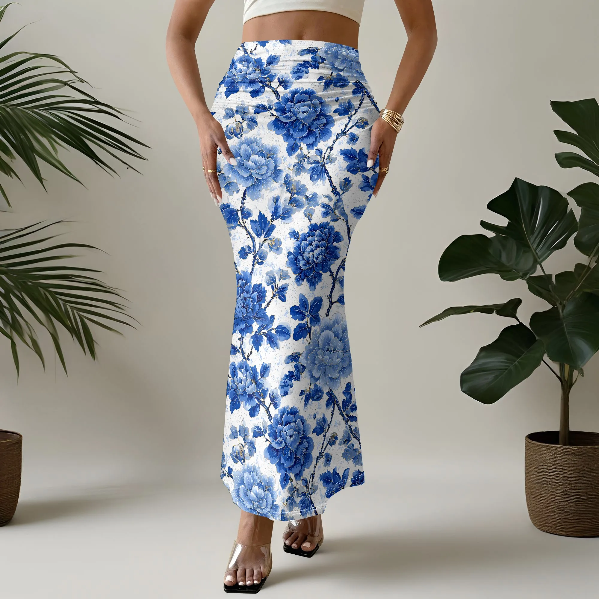 Blue Floral, Mermaid Skirt, Vintage Print, Boho Style, Elastic Waist, Summer Beach Party Wear, S-2XL