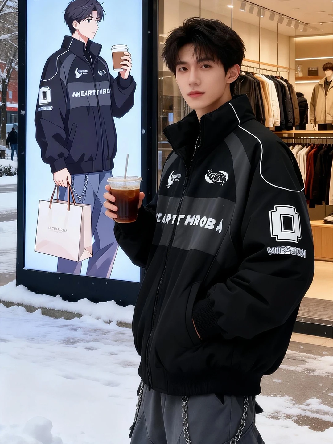 

Bla American Motorcycle Sle ort Cotton Jaet Men's Winter Thiened Color Blo Outerwear Cleanfit Cotton Coat