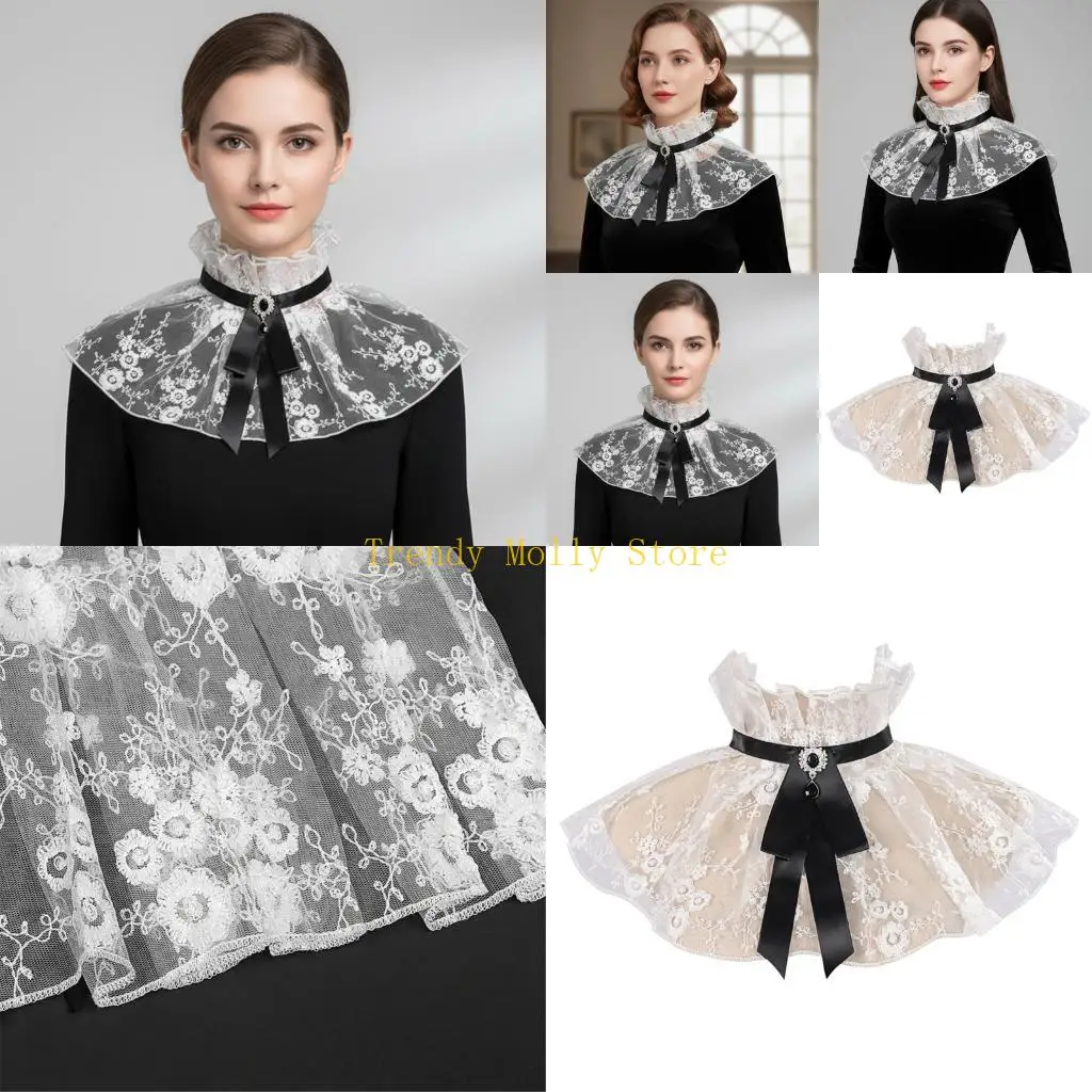 n5kb-エレガントなレースの取り外し可能な襟リネンフリル襟女性のテーマパーティーお祝いフォーマルな機会とカジュアルウェア