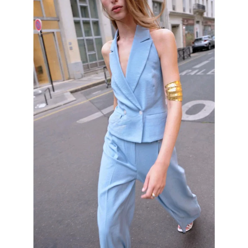 

Женский модный комплект, повседневный жилет с воротником и пуговицами, широкие брюки, осенний сезон, высокая талия с узлом