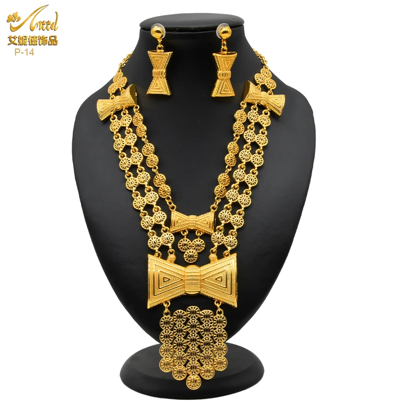 

ANIID Indian 24K Gold Plated 2PCS Sets Necklace Earrings For Women Moroccan Nigerian Fashion Bridal Wedding Jewelry Set Gifts