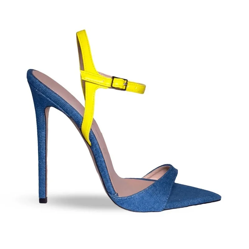 

European and American Women's Summer Fashionpointed Straight Buckle Withslim High Heels, Color Blocked Denim, Party Size Sandals
