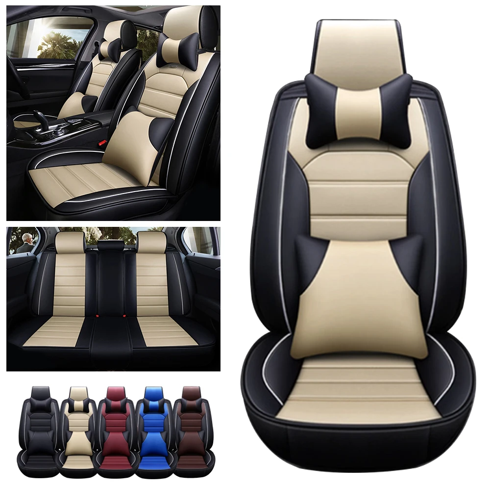 Car Seat Cover Five Seats Covers PU Leather Waterproof Cushions With Headrest And Lumbar Black And Beige