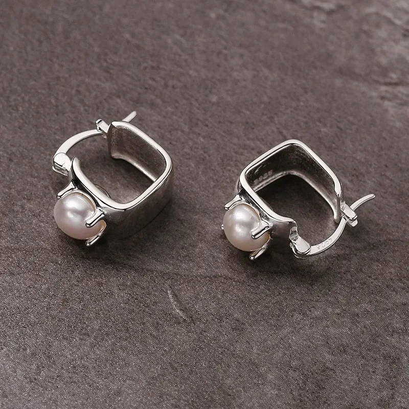 Real 925 Sterling Silver Geometric Square Pearls Hoop Earrings for Women Light Luxury Fine Jewelry Minimalist Accessories