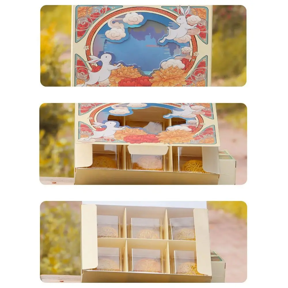 النمط الصيني كعكة القمر التعبئة والتغليف هدية صندوق لطيف اليدوية صفار البيض هش صندوق 6 شبكات مع نافذة منتصف الخريف كعكة القمر صندوق هدايا #2