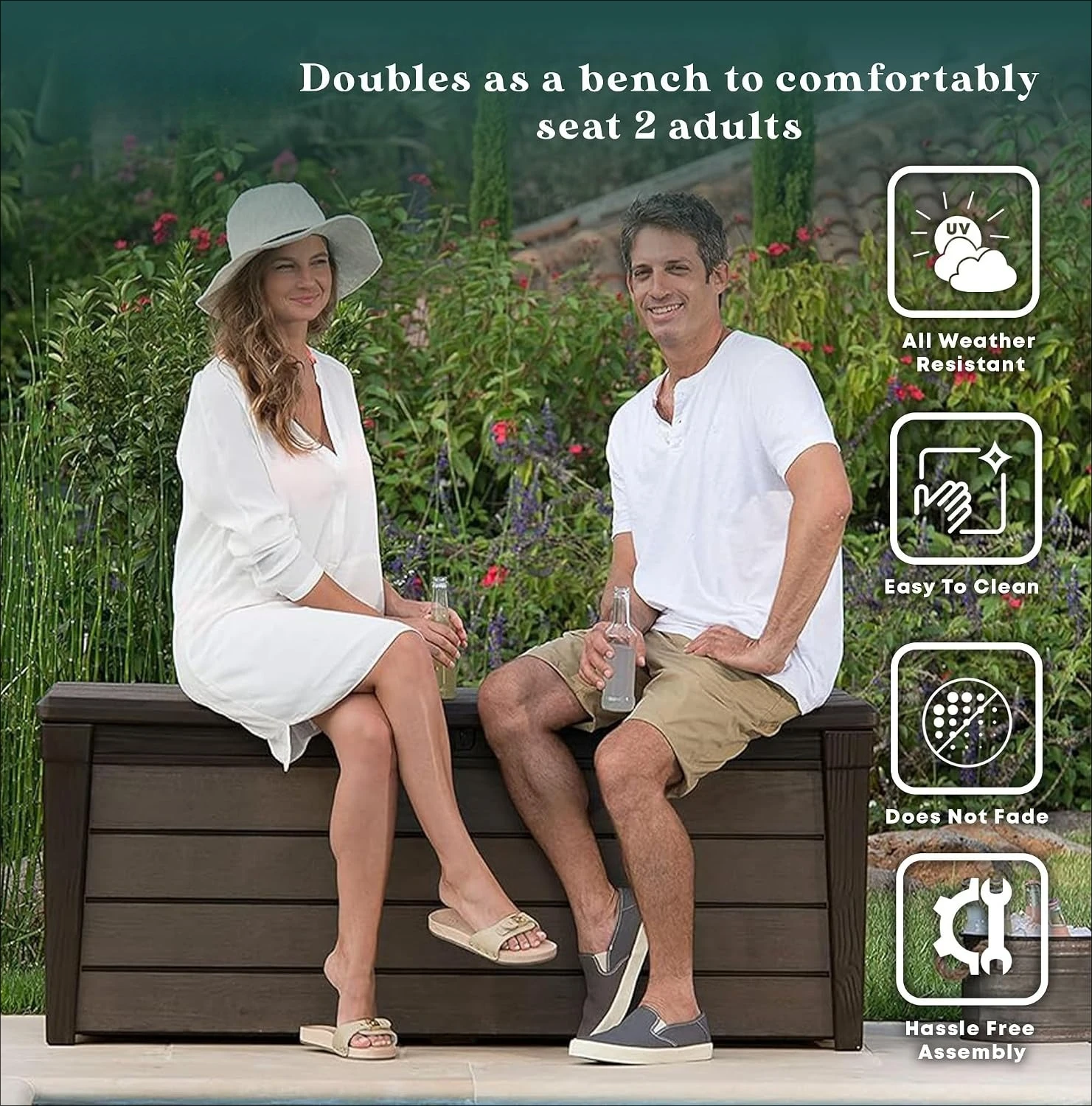 120 Gallon Lockable Resin Outdoor Deck Box, Waterproof UV‑Weather‑Resistant Storage Bench Seat with 600 lbs Capacity, Padlock‑Compatible, Tool‑Free Assembly for Patio Cushions and Pool Supplies