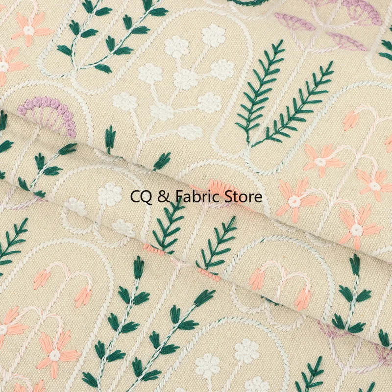 

New Embroidered Flower Thick Cotton And Linen Fabric Sofa Pillow Tablecloth DIY Handmade Fabric