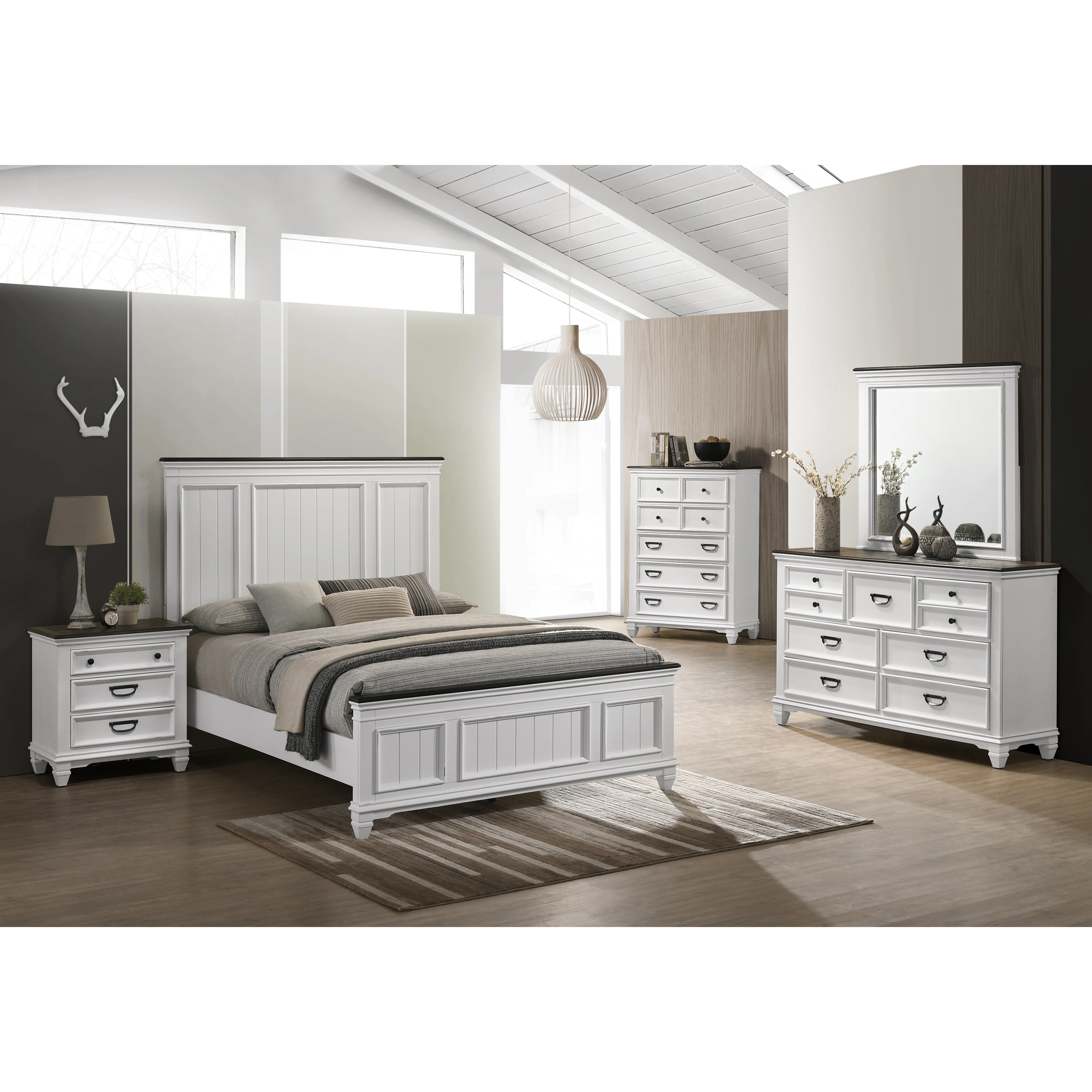 

Clelane Wood Bedroom 5 Piece Set With Shiplap Panel Queen Bed Dresser Mirror Chest and One Nightstand