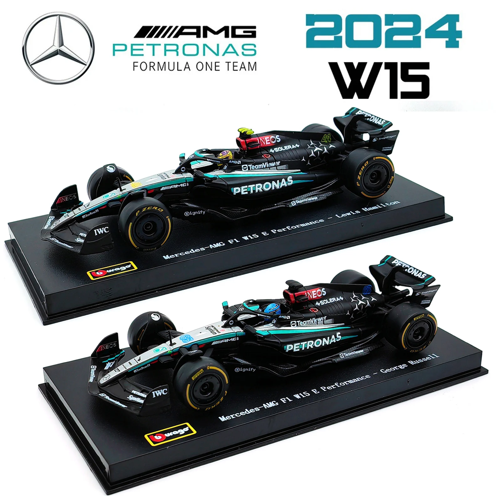 Bburago 1:43 Mercedes-AMG Petronas F1 Team W15 2024 #44 Hamilton #63 George Russell Alloy Car Die Cast Model Toy Collectible