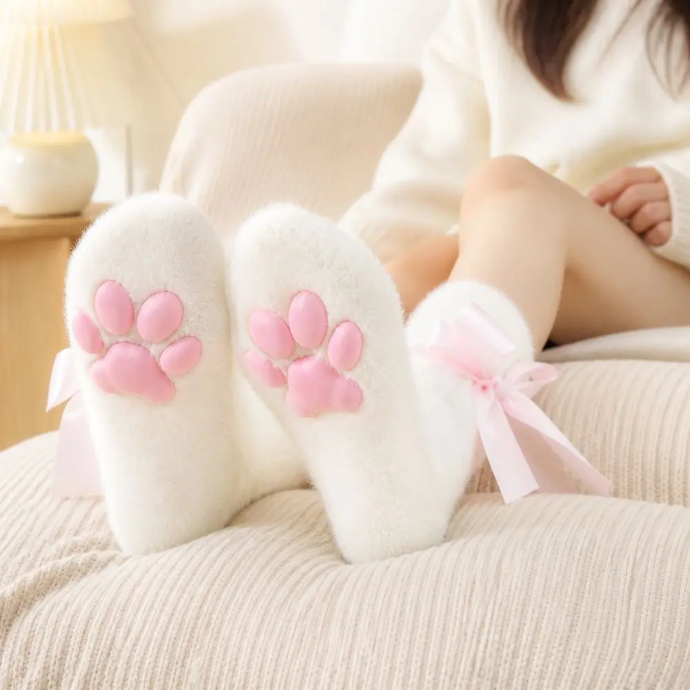 New Raised Paw Pads Paw Socks Ribbon Bow Trim Soft Fuzzy Texture Animal Paw Socks Finish Warm Cat Paw Socks for Women