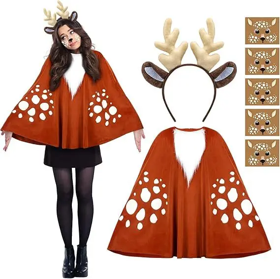 

Carnival Deer Costume Set Women Adult Reindeer Cloak Costumes Including Deer Christmas Headband Clothing