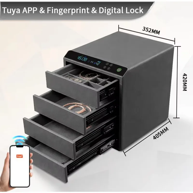 Luxury Leather 4 Drawers Jewelry Safe Box Home Intelligent Fingerprint WIFi All Steel Anti Theft Safe