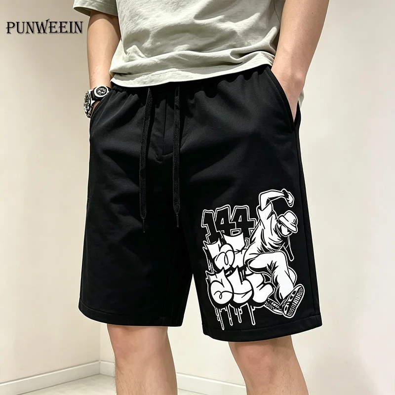 Men's Harajuku Graffiti Print Casual Shorts Vintage Streetwear Drawstring Loose Sweat Shorts Hip Hop Skate Casual Jogger Shorts