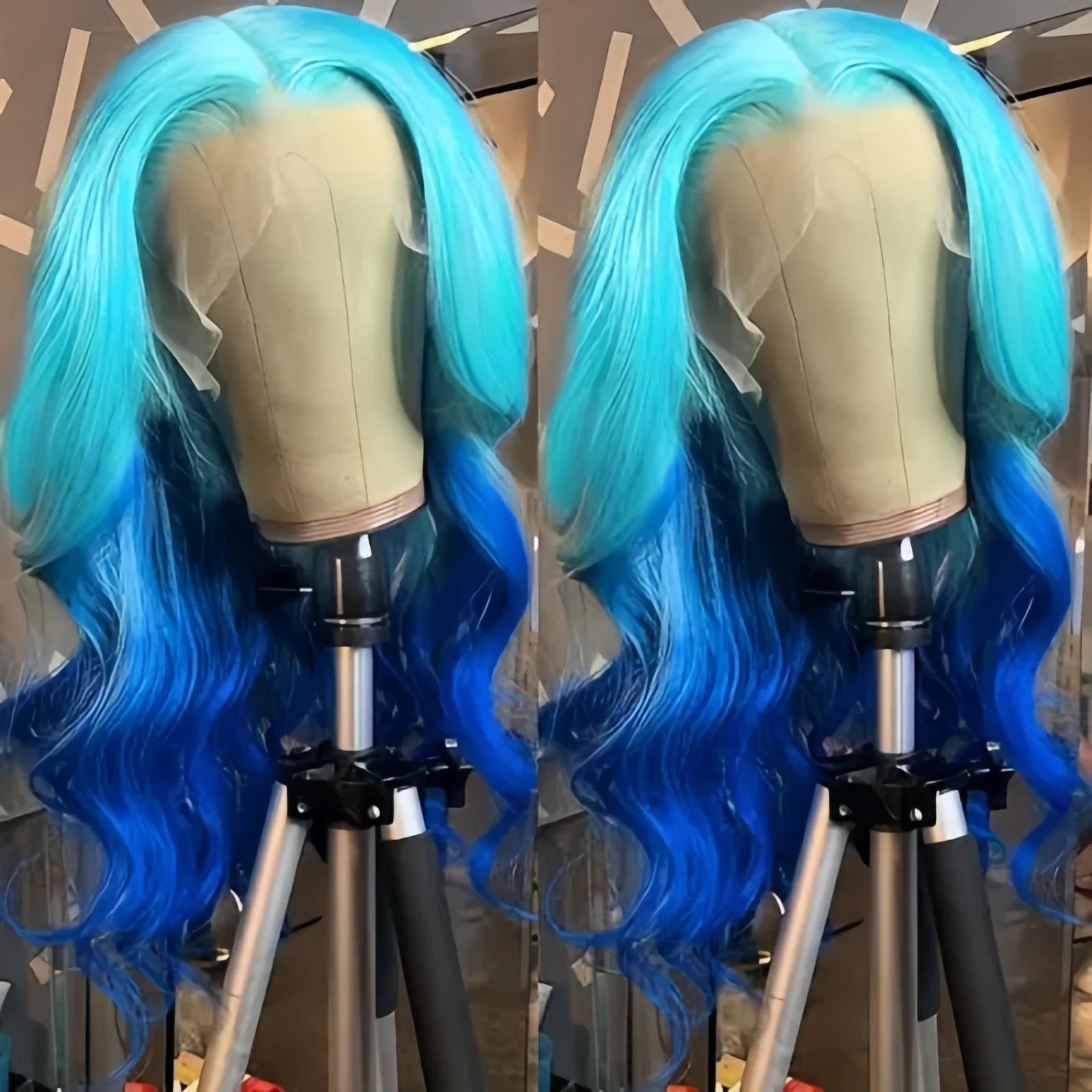 طويل الجسم موجة أومبير الأزرق شعر مستعار الاصطناعية قبل قطعها شعري أزرق فاتح مجعد متموج تسليط الضوء على التدرج الملونة الباروكات للنساء #2