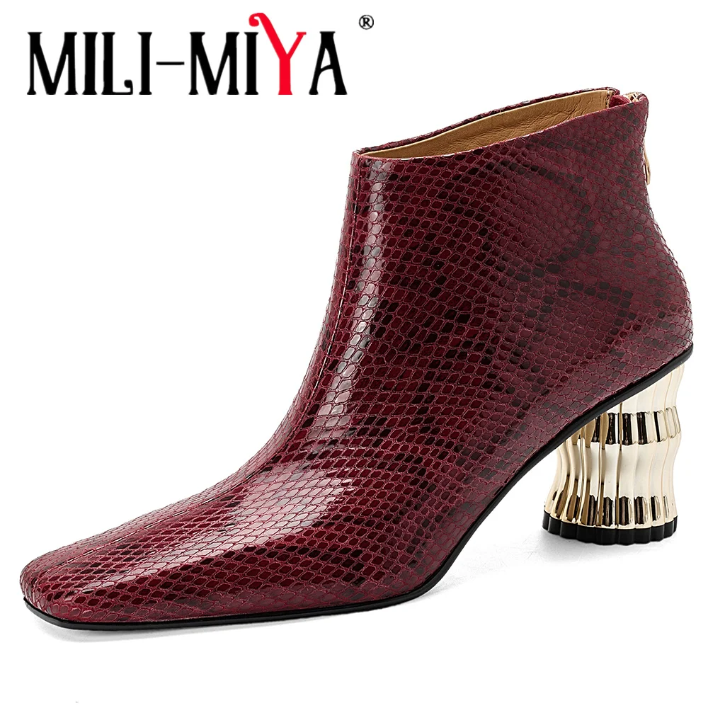 MILI-MIYA New Arrival Genuine Leather Ankle Boots Square Toe Back Zipper Trend Dress Round High Heels Business Dress Shoes