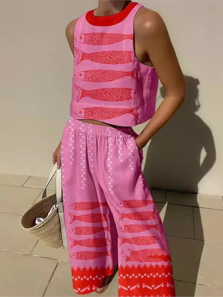 Sommer-Druck-Set für Damen, lässig, O-Ausschnitt, ärmellos, Pullover, Tops + Hose mit weitem Bein, 2-teiliges Set für Damen, Urlaub, Strand, Damenbekleidung