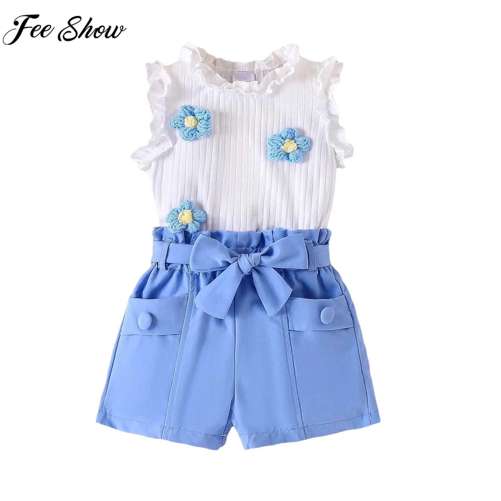 

Kids Girls Summer Clothes Cute 3D Flowers Ribbed Vest Top with Shorts Belt Daily School Party Holiday Photography Costume Set