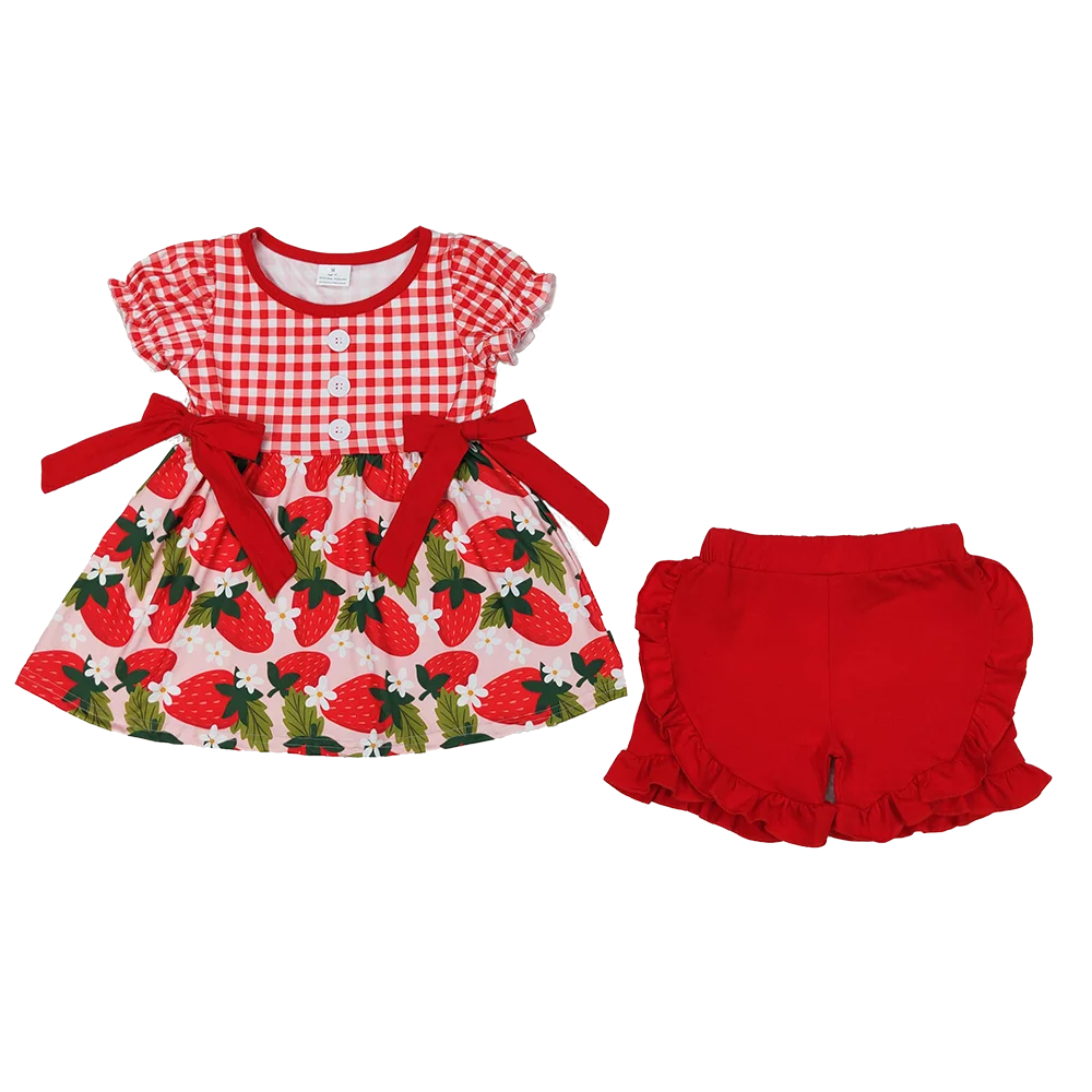 

GSSO1648 Baby Girls Red Checkered Strawberry Bows Tunic Ruffle Shorts Clothes Sets