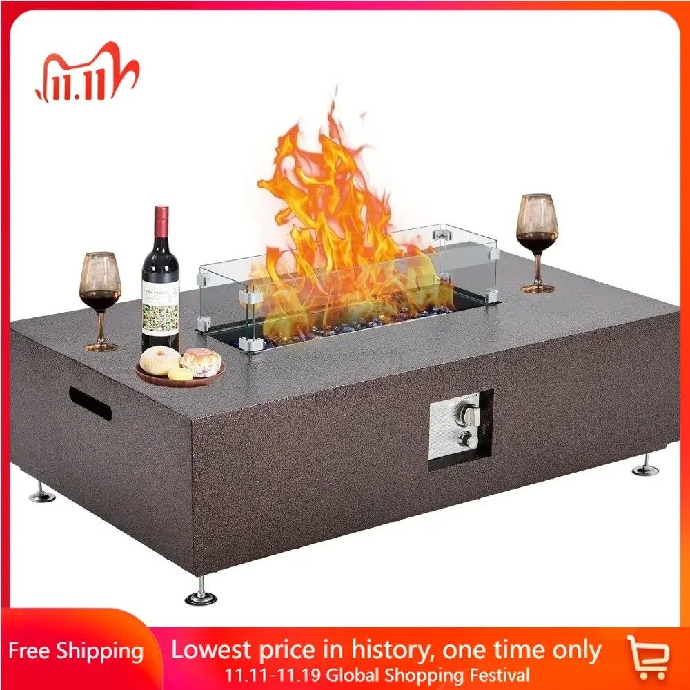 

48" Propane Fire Pit Table with Glass Windshield，50000BTU with 8 Lbs of Colored Glass Beads for Garden Patio，Fire Pit Table