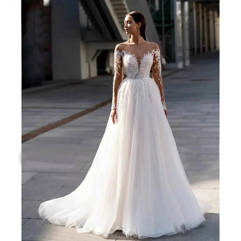 

Vintage Lace A Line Wedding Dresses Sweetheart Flower Long Sleeve Button Ball Gowns Fluffy Beach Bridal Gowns