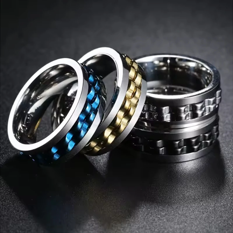 Anti Stress Punk Stainless Steel Ring For Men Gear Chain Rotating Anxiety Relief Spinning Fidget Rings Rock Fashion Jewelry 6-13