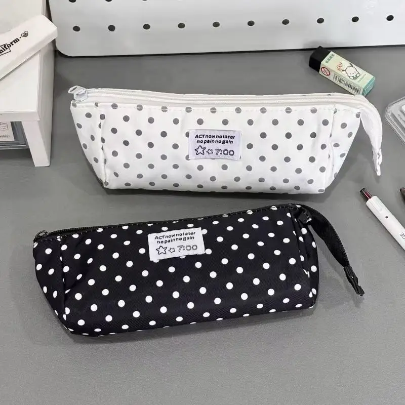 Stylish Polka Dot Large Capacity Zipper Pencil Pouch Perfect For School Office Stationery Storage Supplies Bag
