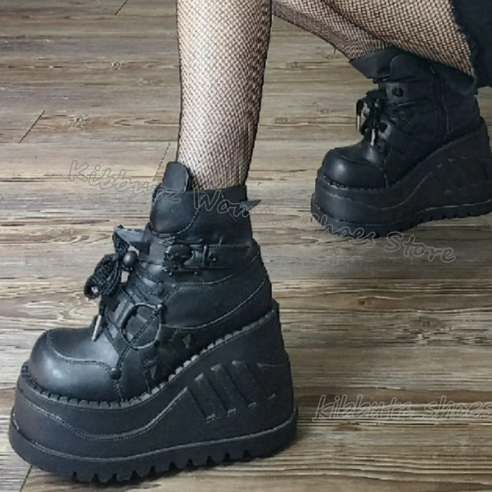Gothic Rock Punk Sneaker Ankle Boots Round Toe Thick Bottom Leather Solid Color Lace-Up Fashion Elegant Concise Women Shoes New