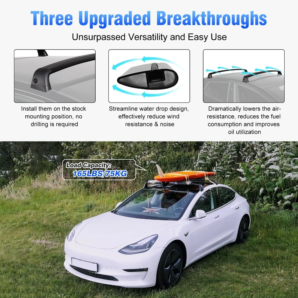 Tesla Model 3 2017-2023 알루미늄 루프 랙 크로스 바 70KG 여행용 수하물 캐리어 랙 홀더 용 하중 베어링 썸네일 4