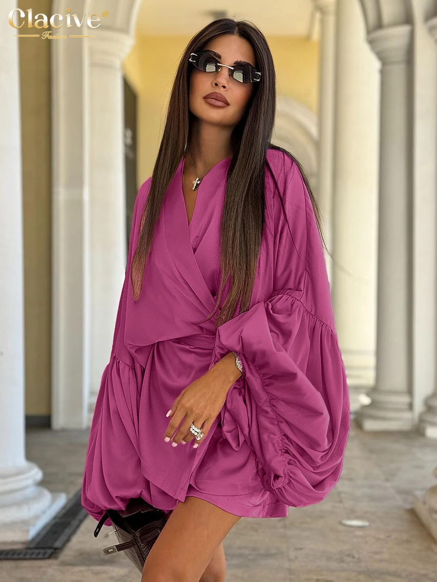 Clacive Fashion Loose Pink Satin Women\'s Two Pieces Set 2025 Elegant Puff Sleeve Robes With Sleeveless Mini Dress Set Female