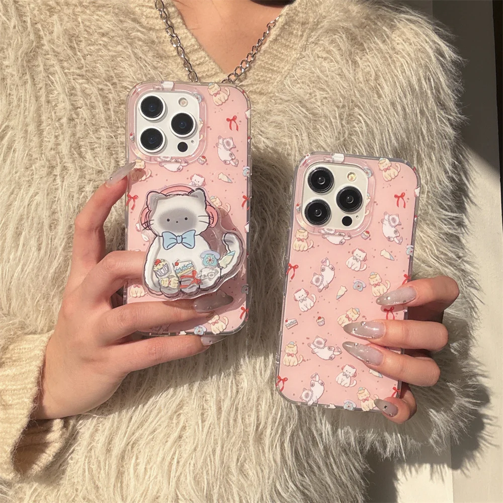 Custodia per telefono divertente e carina con supporto per gatto musicale 3D per iPhone 16 15 14 13 12 11 Pro Max Plus XR cover posteriore rigida antiurto imd