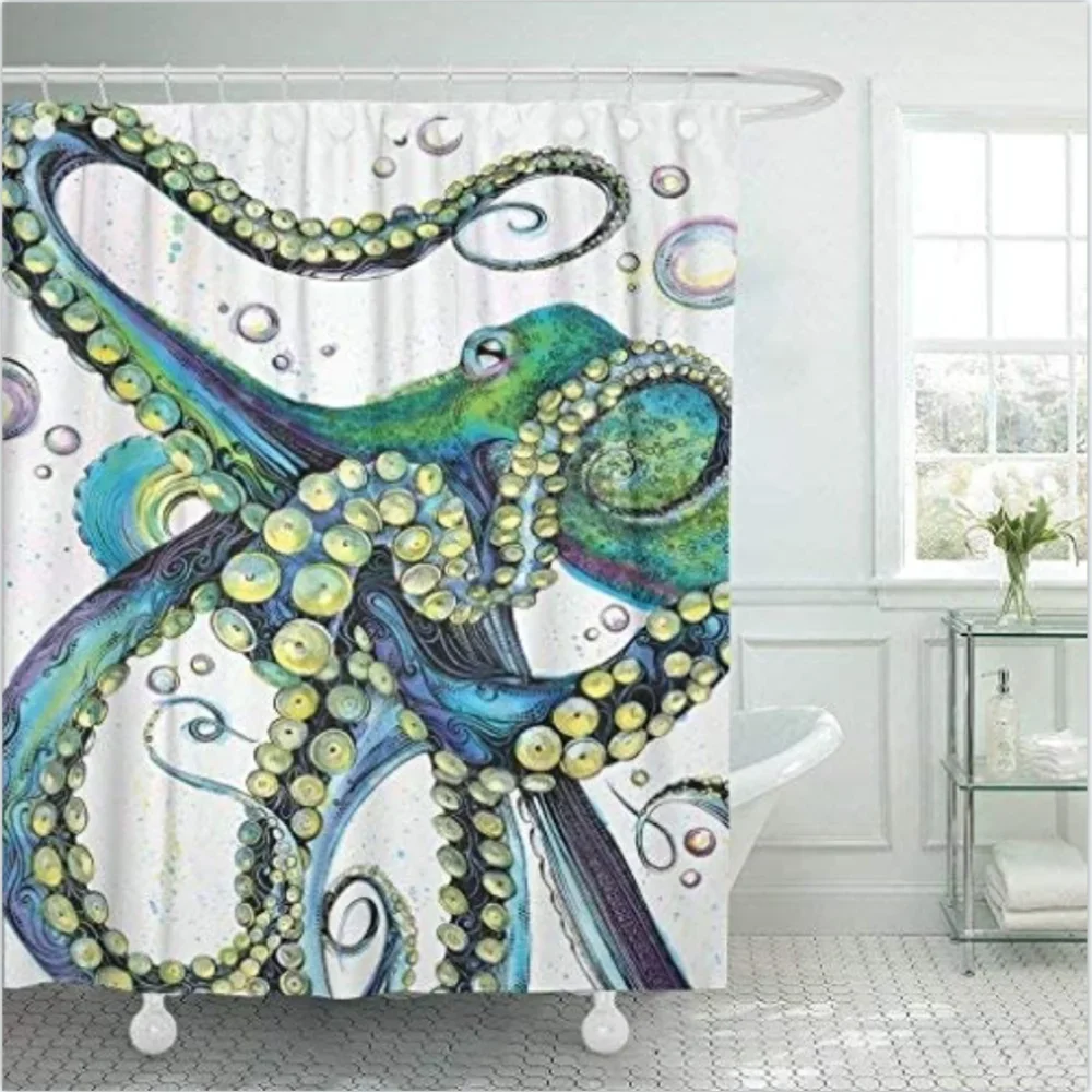 Ocean Animal Shower Curtain Vintage Colorful Fashion Octopus Painting Polyester Fabric Decor Bathroom Curtains Waterproof  Hooks