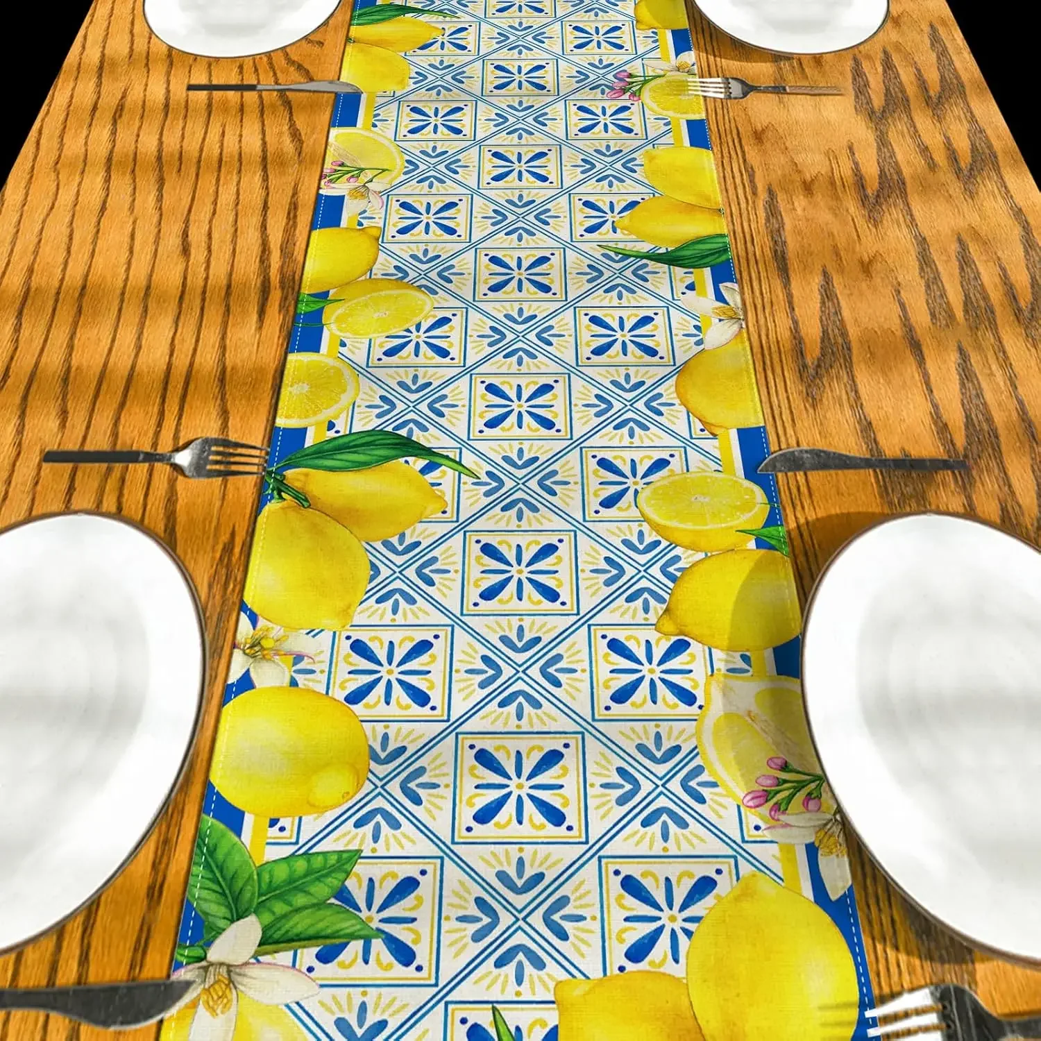 1Pc Mediterranean Style Table Runner Blue Yellow Lemon Pattern Table Cover For Kitchen Dining Room Decoration Tabletop Decor
