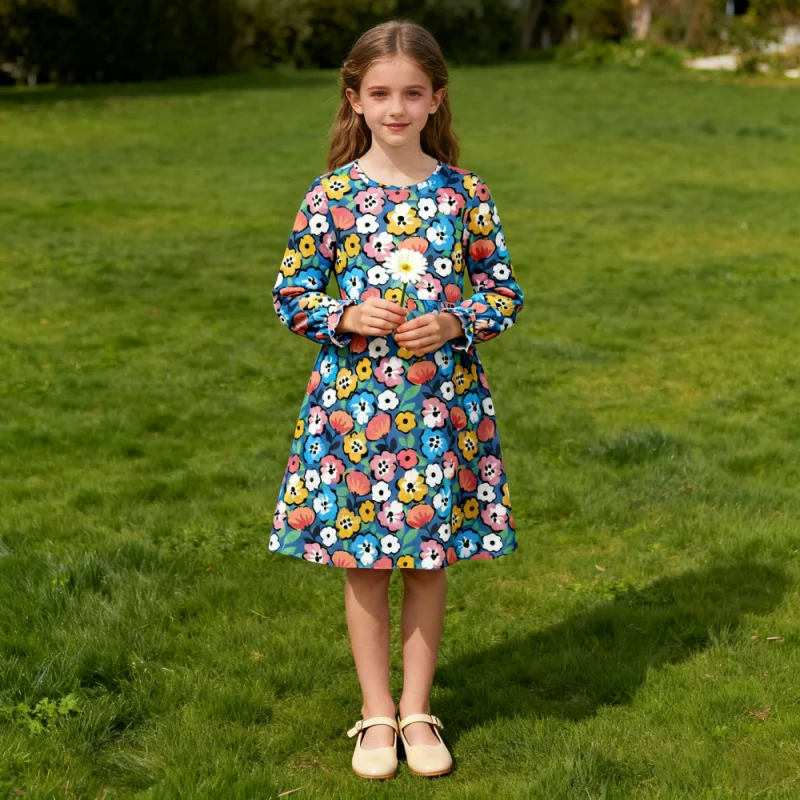 

2026 Girls' Round Neck One-Piece Dress Multicolor Floral Print Dress