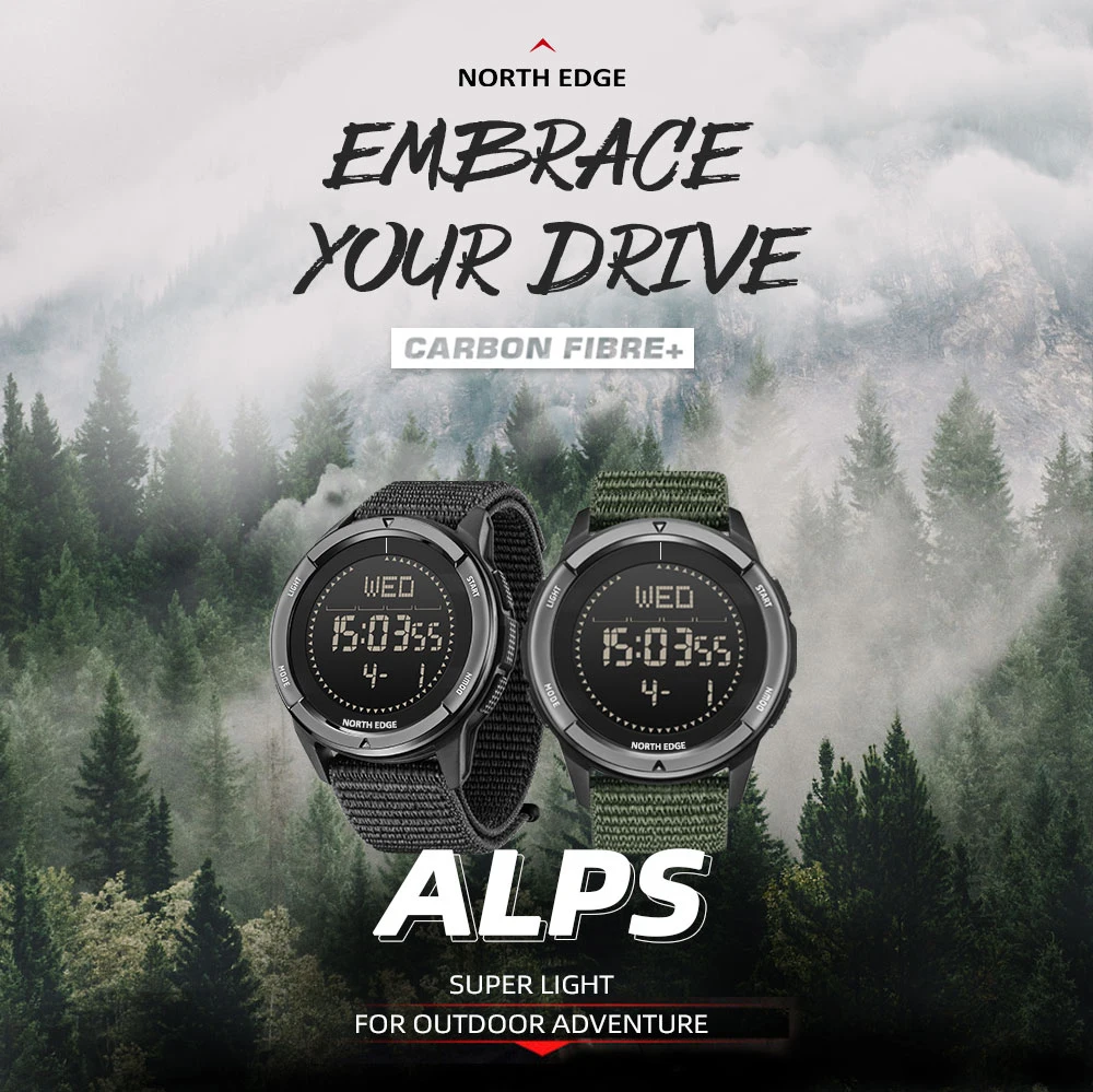 NORTH EDGE ALPS Herren-Digitaluhr aus Kohlefaser, stoßfest, superleicht, Outdoor-Kompass, wasserdicht bis 50 m, Armbanduhren