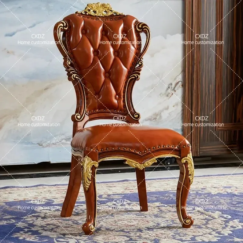 European Retro Dining Chair American Luxury Leather Gold Dark Solid Wood Carved Flower Leisure Chair for Restaurant Study